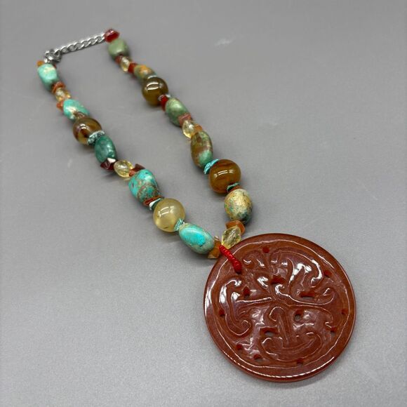 Turquoise Carnelian Agate Necklace Genuine Stone Beads Carved Pendant Statement - Picture 3 of 13